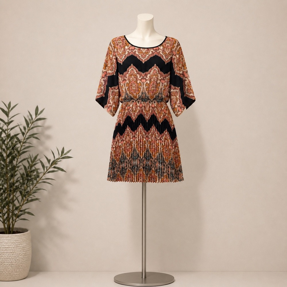 Anthropologie‎ Fleur Wood Paisley Pleated Mini Dress 6 Boho Festival Euro Summer